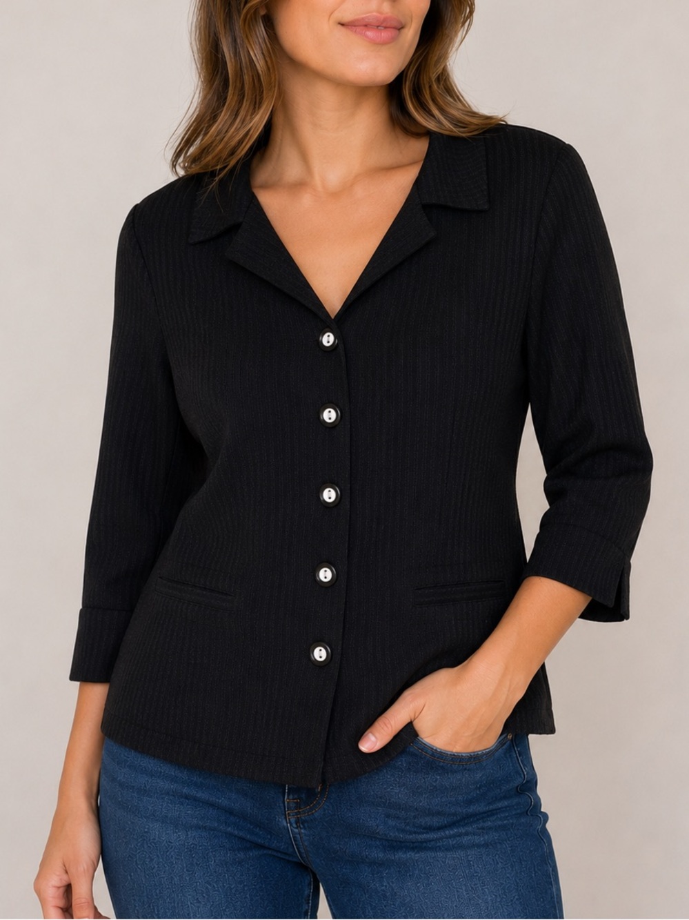 Vintage Koret Petite Black Cropped Button Front Blazer Jacket 6P